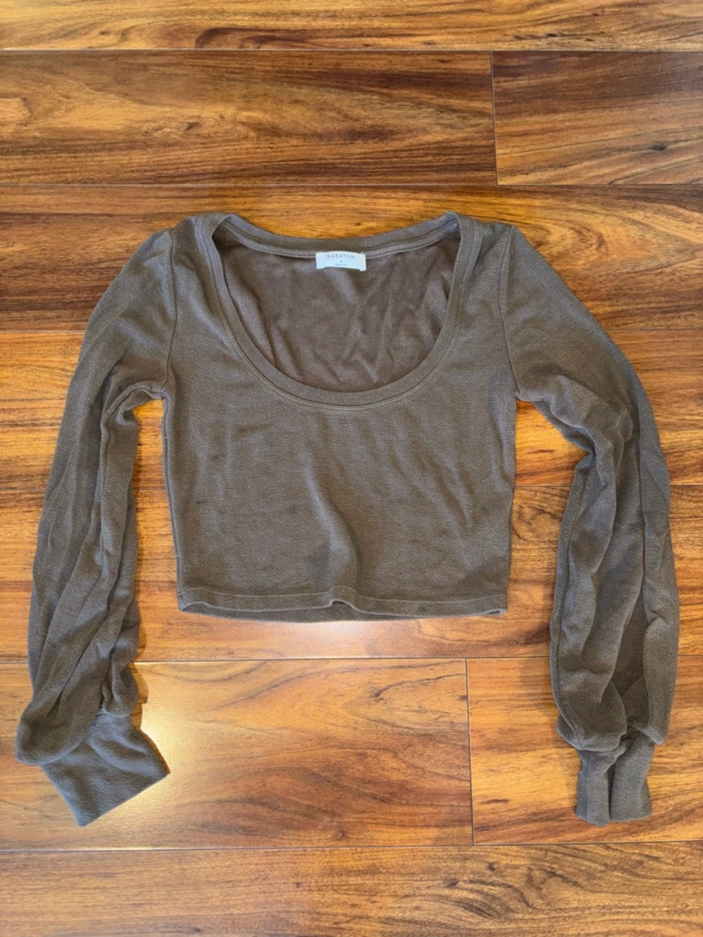 Babaton Brown Scoop Neck Long Sleeve Crop Top